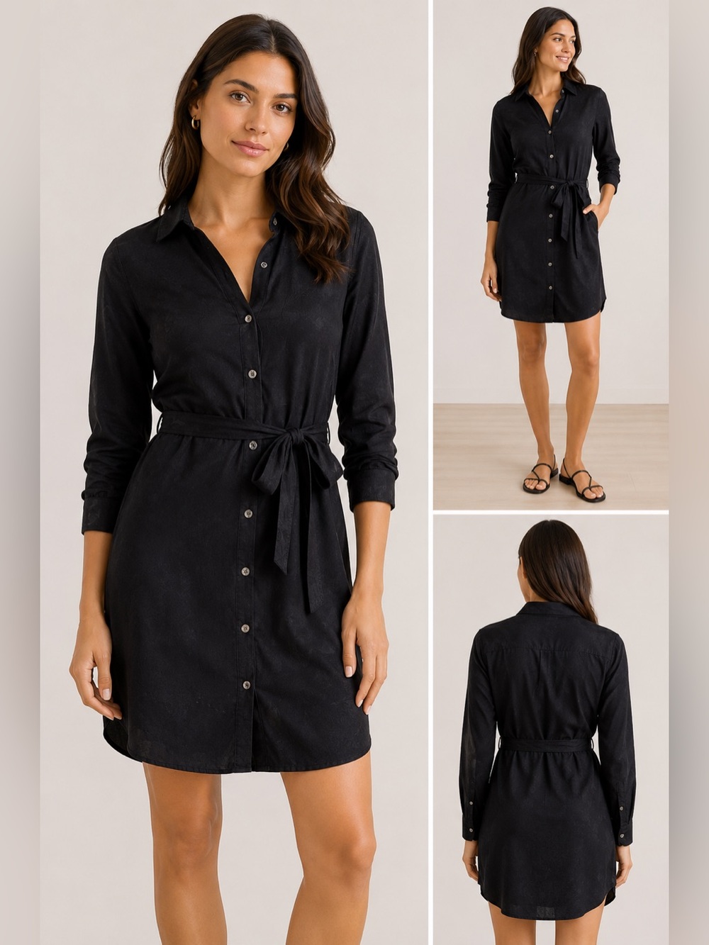 Classic Black Long-Sleeve Shirt Dress with Waist Tie